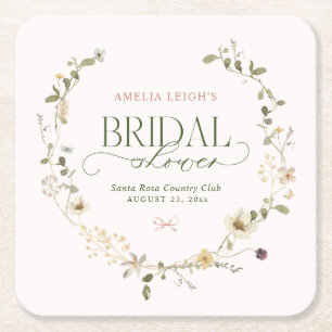 Whimsical Fairytale Garden & Bows Bridal Shower Square Paper Coaster