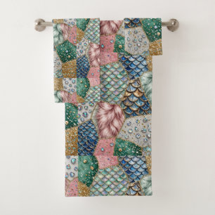 Whimsical Fairytale Mermaid Unicorn Patchwork Bath Towel Set