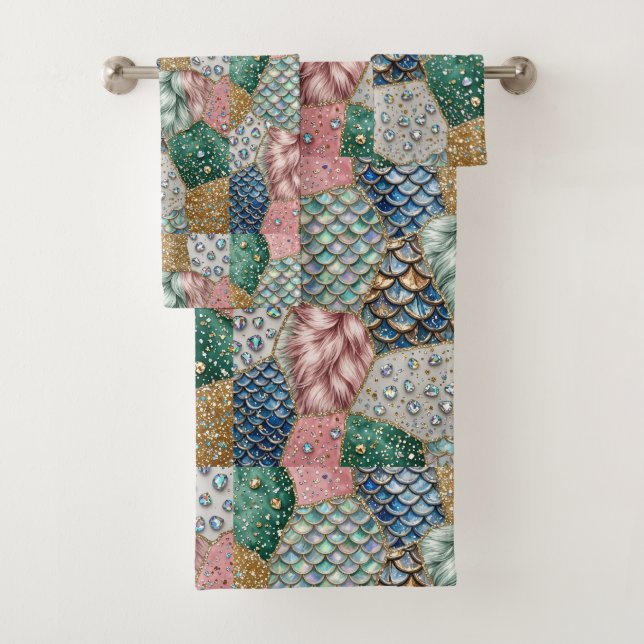 Whimsical Fairytale | Mermaid Unicorn Patchwork Bath Towel Set (Insitu)