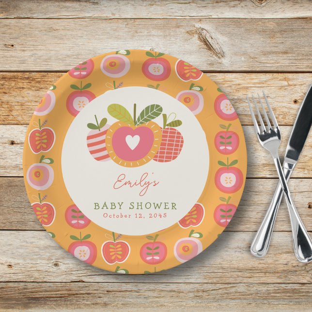 Whimsical Fall Apple Theme Baby Shower Orange Paper Plate (Creator Uploaded)