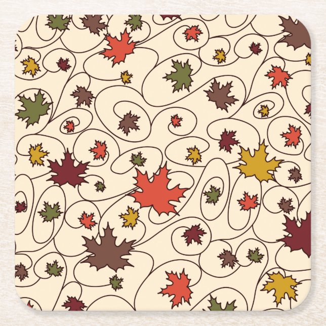 Whimsical Fall Curly Maple Leaf Pattern Square Paper Coaster (Front)