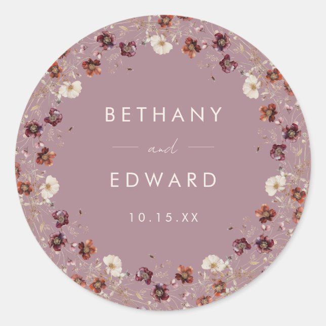 Whimsical Fall Dried Flowers Mauve Wedding Classic Round Sticker (Front)