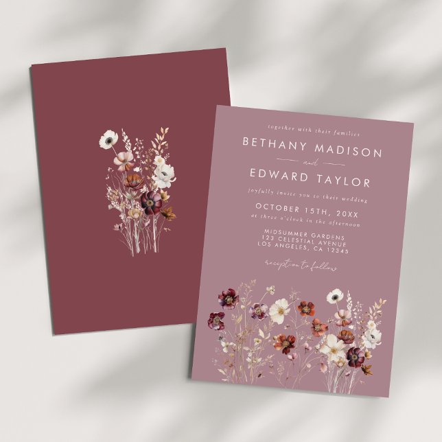 Whimsical Fall Dried Flowers Mauve Wedding Invitation (Creator Uploaded)