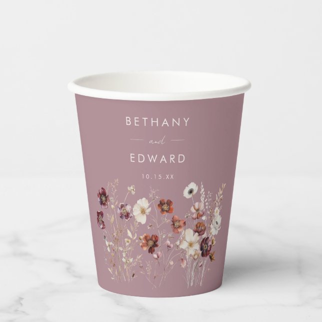 Whimsical Fall Dried Flowers Mauve Wedding Paper Cups (Front)