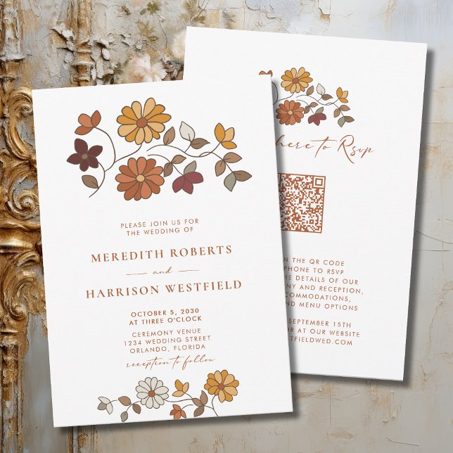 Whimsical Fall Floral QR Code Wedding Invitation (Whimsical Retro Boho Floral Wedding Invitation for Mix and Match Collection)