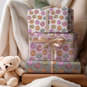 Whimsical Fall  Pastel Pumpkin Pattern Wrapping Paper Sheet