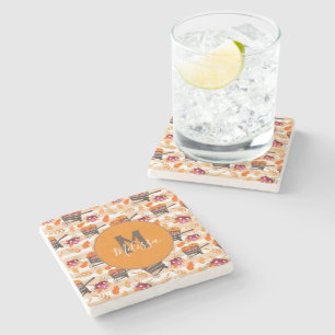 Whimsical Fall Wheelbarrows Pattern Monogram Stone Coaster