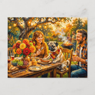 Whimsical Family BBQ Terrace Mops Illustration Postcard
