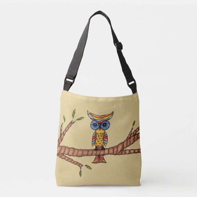Whimsical Fantasy Colourful Owl on Tree Branch Tan Crossbody Bag (Front)
