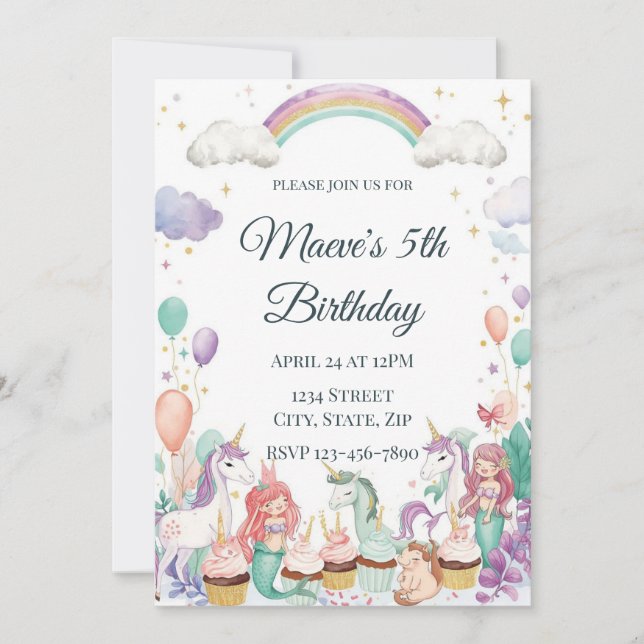 Whimsical Fantasy Creatures Kids Birthday Party Invitation (Front)