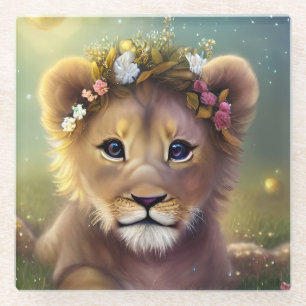 Whimsical Fantasy Cute Kawaii baby lion cub Glass Coaster