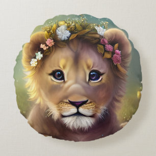 Whimsical Fantasy Cute Kawaii baby lion cub Round Cushion