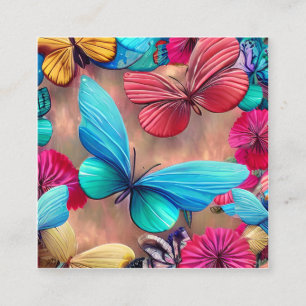 Whimsical fantasy flight of colorful butterflies a square business card