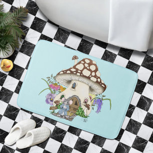 Whimsical Fantasy Mouse Mushroom House Floral Blue Bath Mat
