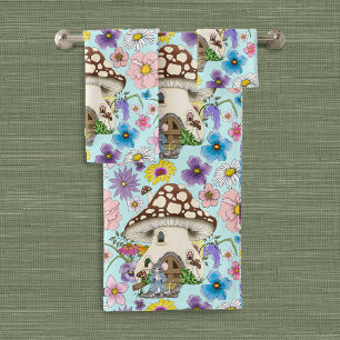 Whimsical Fantasy Mouse Mushroom House Floral Blue Bath Towel Set