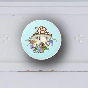 Whimsical Fantasy Mouse Mushroom House Floral Blue Ceramic Knob