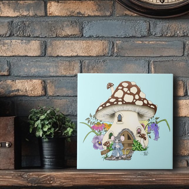 Whimsical Fantasy Mouse Mushroom House Floral Blue Ceramic Tile (Creator Uploaded)