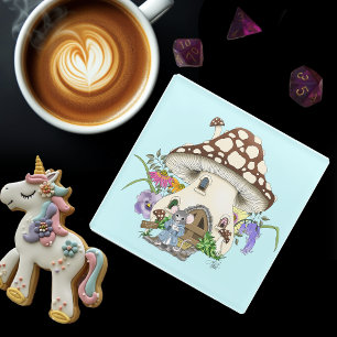 Whimsical Fantasy Mouse Mushroom House Floral Blue Glass Coaster