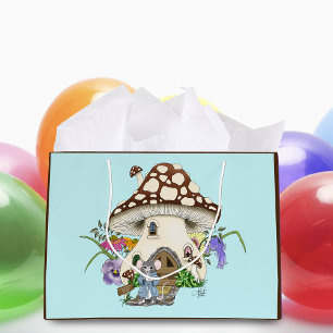 Whimsical Fantasy Mouse Mushroom House Floral Blue Large Gift Bag