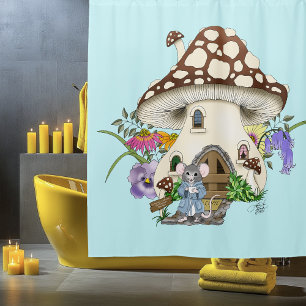 Whimsical Fantasy Mouse Mushroom House Floral Blue Shower Curtain