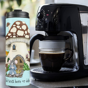 Whimsical Fantasy Mouse Mushroom House Floral Blue Thermal Tumbler