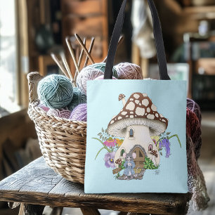 Whimsical Fantasy Mouse Mushroom House Floral Blue Tote Bag