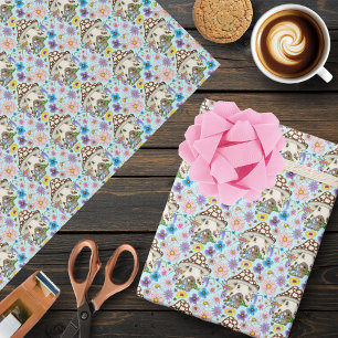 Whimsical Fantasy Mouse Mushroom House Floral Blue Wrapping Paper