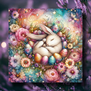 Whimsical Fantasy Watercolor Easter Bunny Flowers Holiday Card