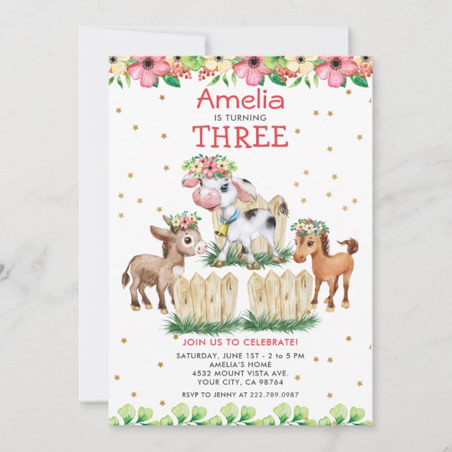 Whimsical Farm Animal Birthday Party Invitation (Front)