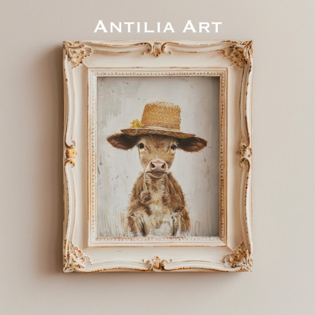 Whimsical Farm Animal Cow Painting Calf with Hat  Poster (Creator Uploaded)