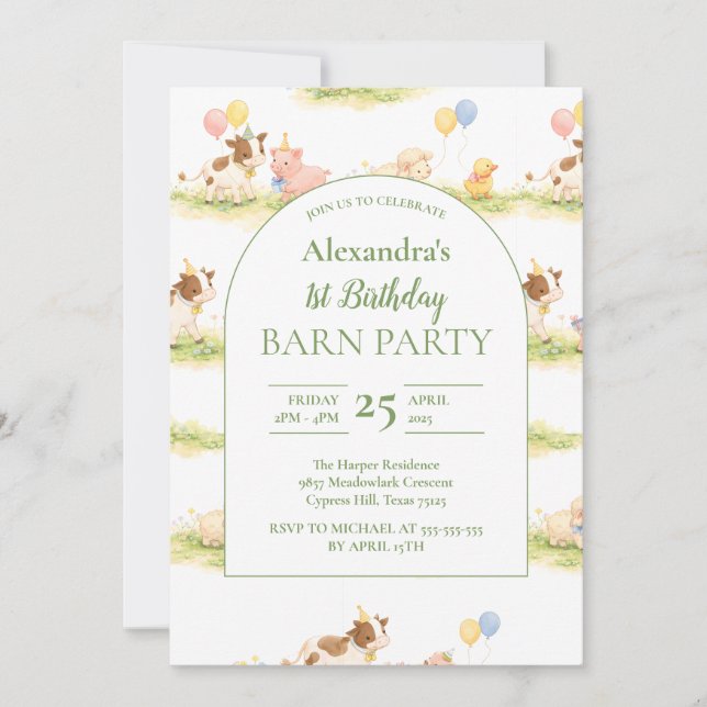 Whimsical Farm Animals Pastel 1st Birthday Invitation (Front)