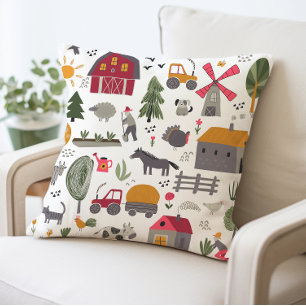 Whimsical Farm Scene Red Barn and Animals Cushion