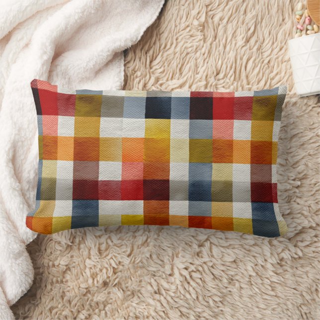 Whimsical Farmhouse Watercolor Plaid Lumbar Cushion (Blanket)