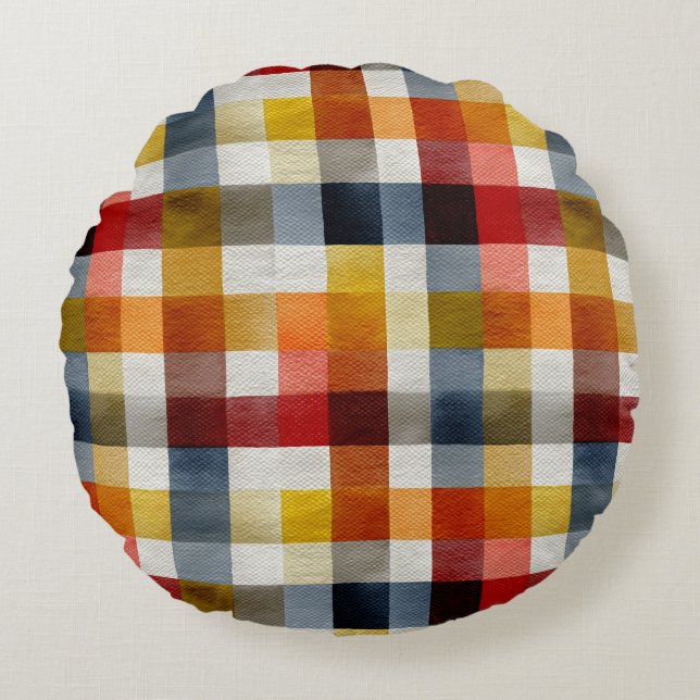 Whimsical Farmhouse Watercolor Plaid Round Cushion (Front)