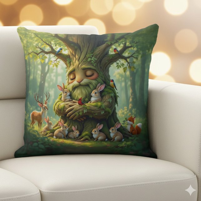 Whimsical Father Tree with Woodland Creatures Cushion (Father Tree with Woodland Creatures Throw Pillow Cover Photo)