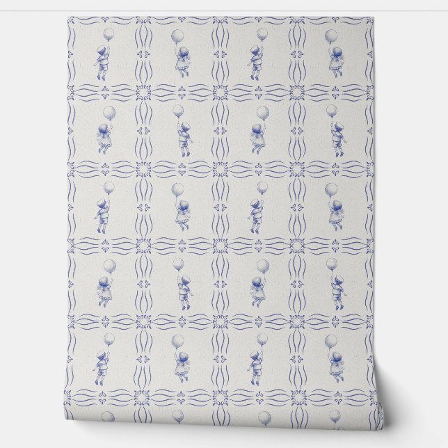 Whimsical faux crackle blue Delft style nursery Wallpaper (Unrolling)