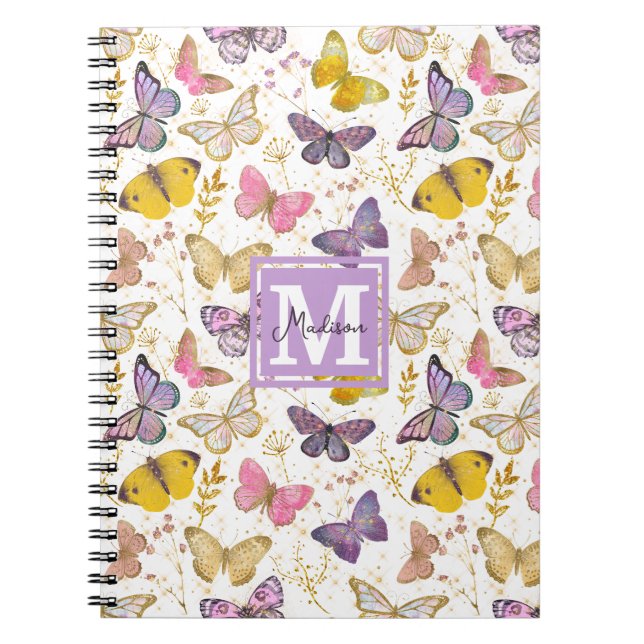 Whimsical Faux Gliitter Butterflies Monogram Name Notebook (Front)