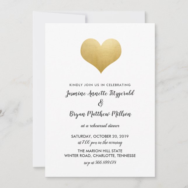 Whimsical Faux Gold Foil Heart | Rehearsal Dinner Invitation (Front)