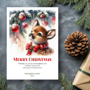 Whimsical Fawn Watercolor Winter Christmas Card 
