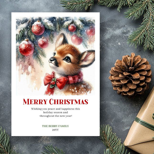 Whimsical Fawn Watercolor Winter Christmas Card  (Whimsical Fawn Watercolor Winter Christmas Card Christm)