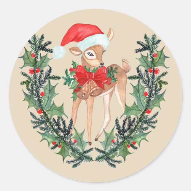 Whimsical Fawn Wreath Classic Round Sticker (Front)