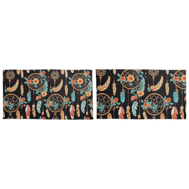 Whimsical feather dreamcatcher dark floral teal pillowcase (Back-Set)