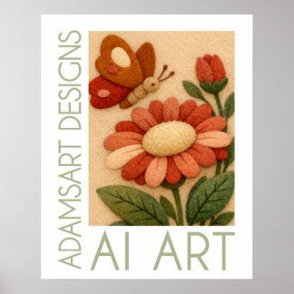 Whimsical Felt Butterfly and Flower Folk Art Poster