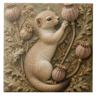Whimsical Ferret & Poppy Seed Pods Autumn Ceramic Tile