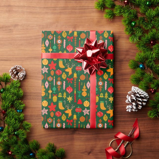 Whimsical Festive Ornaments & Reindeer Christmas Wrapping Paper (Holiday Gift)