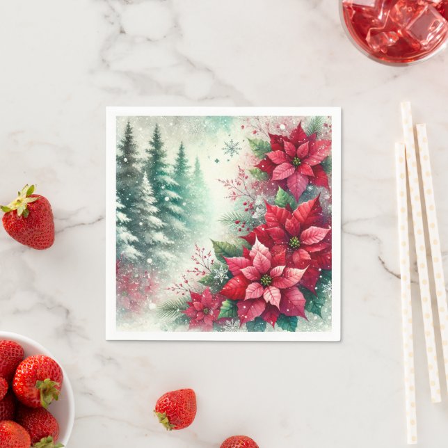 Whimsical Festive Poinsettia Forest Decoupage Napkin (Insitu)