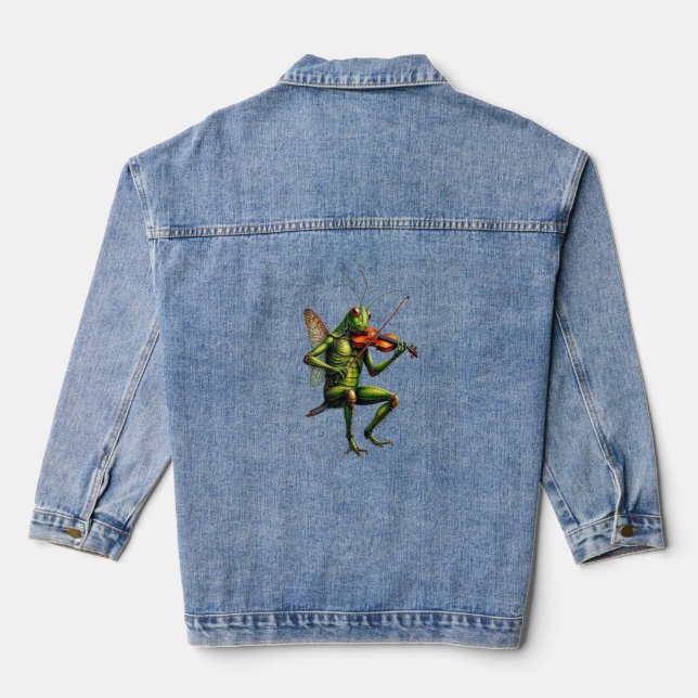Whimsical Fiddler Grasshopper Graphic Long Sleeve  Denim Jacket (Back)