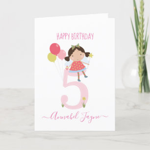 Whimsical Fifth birthday fairy girls cute pink Card
