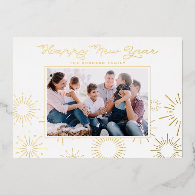 Whimsical Fireworks Photo Happy New Year Gold Foil Holiday Card (Front)
