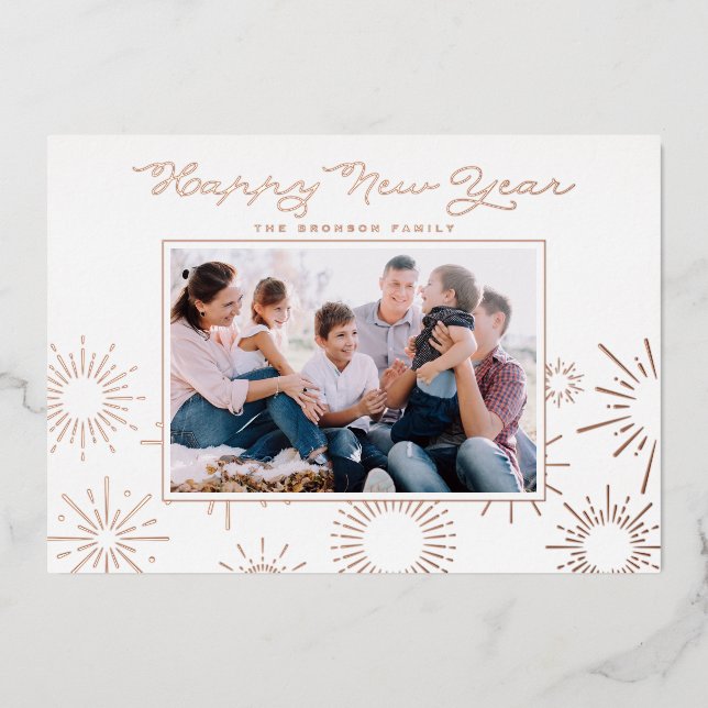 Whimsical Fireworks Photo Happy New Year Rose Gold Foil Holiday Card (Front)